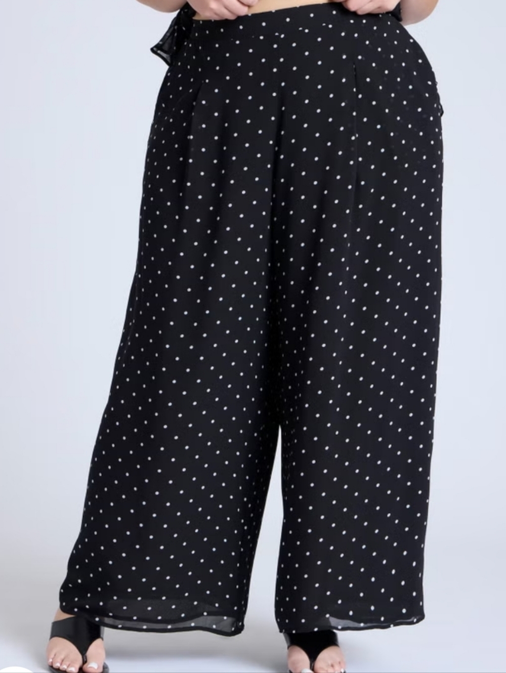 Eloquii Polka Dot Chiffon Wide Leg Pull-on Pants Black White High Rise Pockets